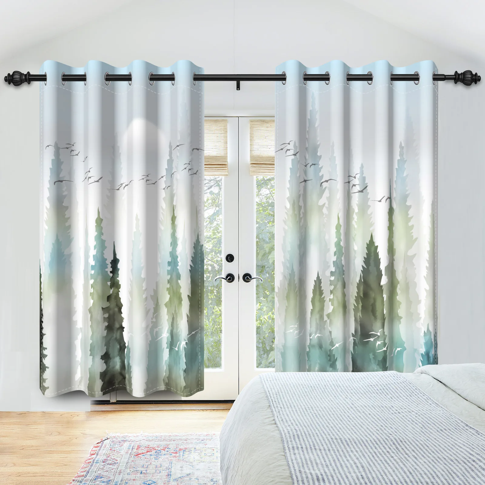 

2 шт., акварельные оконные шторы с лесными птицами, тематические плотные шторы с принтом «Лесная дикая гусь», для декора спальни, гостиной