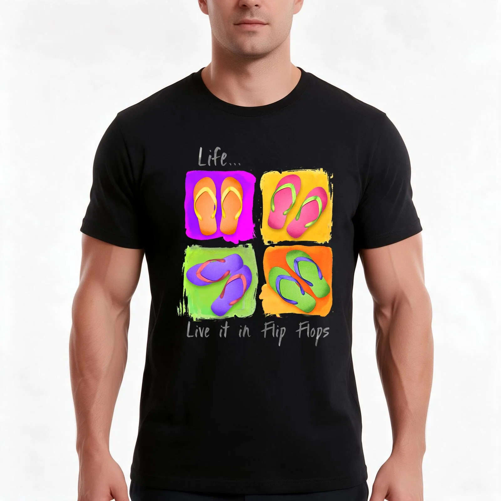 live in Flip Flops T-Shirt, Summer Casual Cotton Tee, Oversized Streetwear Tops, Vintage Graphic Print, Loose Fit Short Sleeve