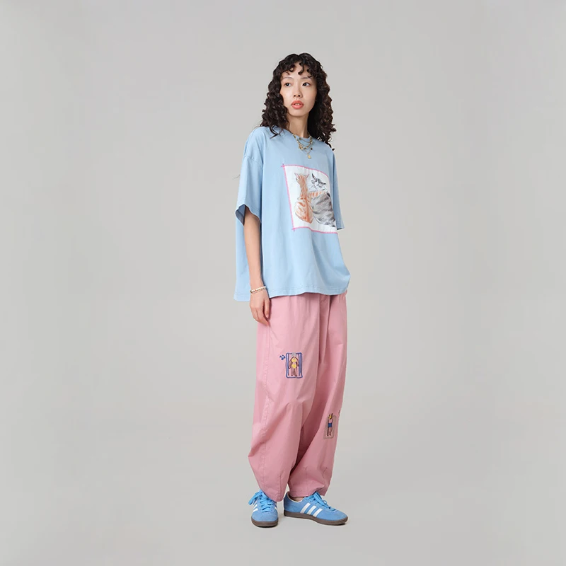 MOVEUP Pure Cotton Straight Pants 2026 Summer New Elastic Waist Cartoon Square Embroidered Casual Trousers For Women 3ELX20138