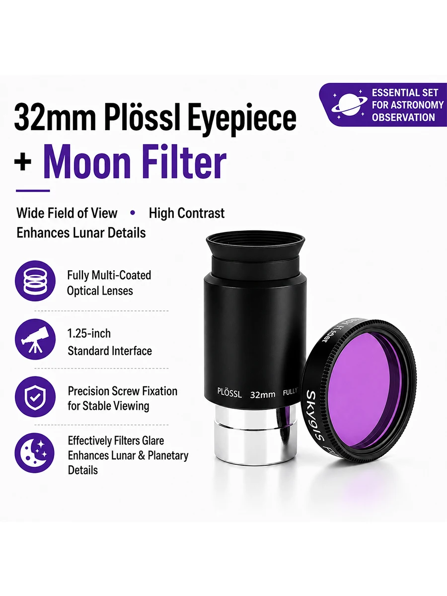 Plossl 32mm Okular + Violettfilter 1,25'' Teleskop-Set Weitwinkel-Astronomieobjektiv für Mond-, Galaxien- und Nebelbeobachtung