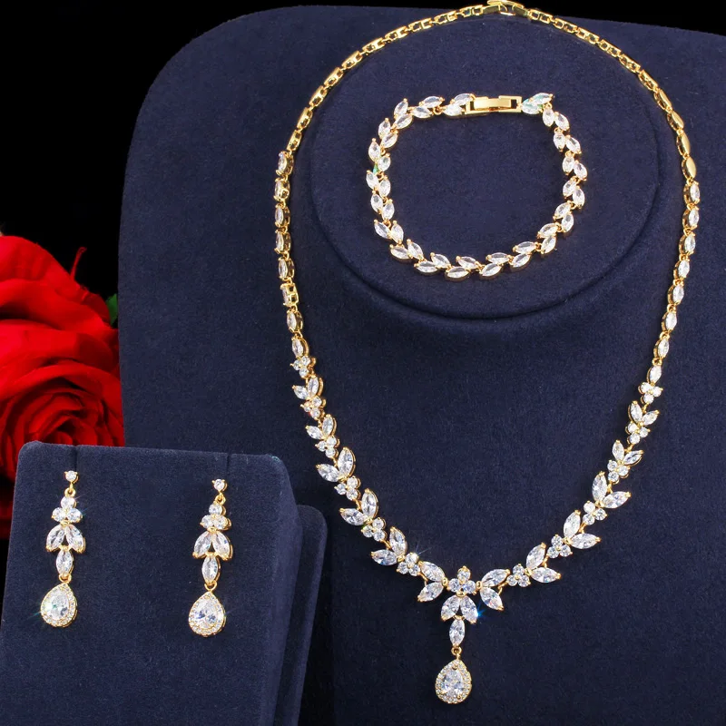ThreeGraces 3Pcs Shiny Water Drop CZ Wedding Necklace Earrings and Bracelet Luxury Prom Costume Jewelry Set for Women JS629