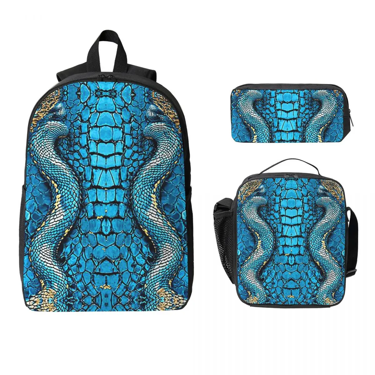 

Snake Skin Blue Snake Serpent Animal Print Viper Fashion Backpack Student BookBag School Bag 3ps Insulated Lunch Bag Pencil Case
