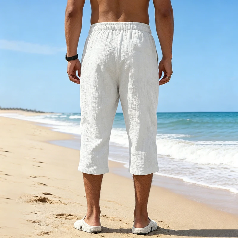 Summer Men Linen Capri Pants Drawstring Waist Loose Solid Color Casual Trousers For Daily Beach Vacation Outdoor Travel Wear