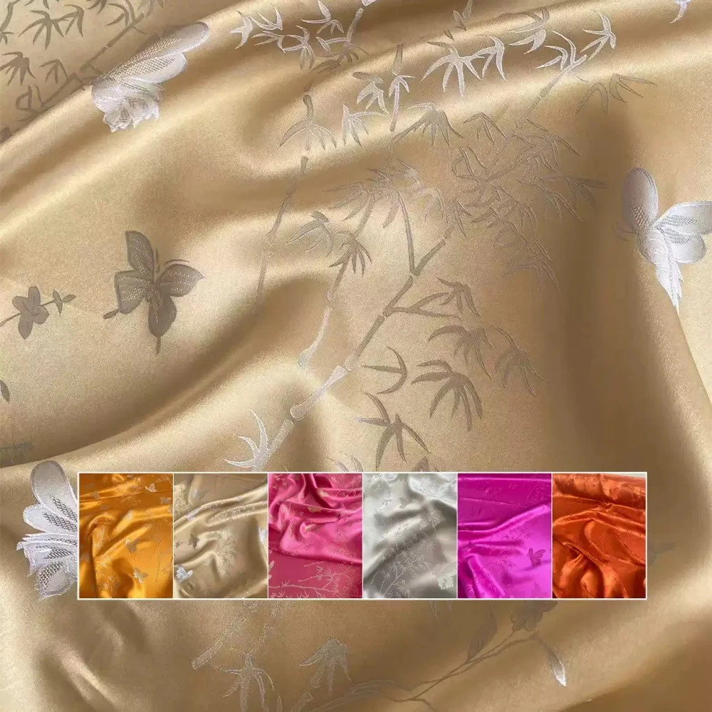 

Beautiful Colors Butterfly Flowers Design Pattern Soft Mulberry Silk Jacquard Fabric for Summer Women Dress Clothes Apparel