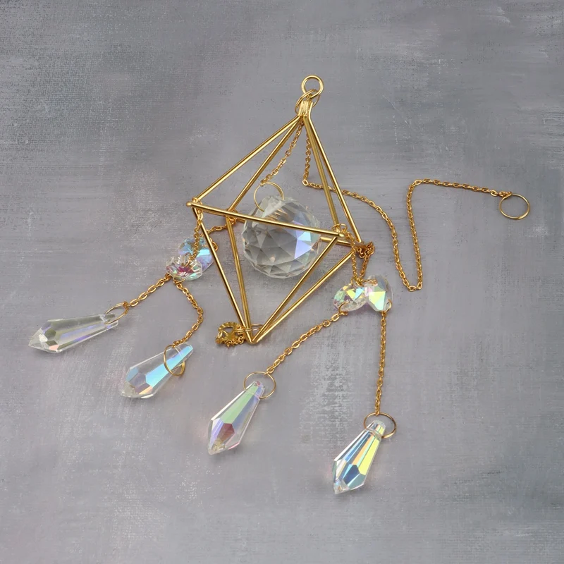 Crystal Sun Catcher, Rainbow Prism, Window Sun Catcher,Gold Plated Celestial Suncatcher, Boho Sun & Moon With Crystals