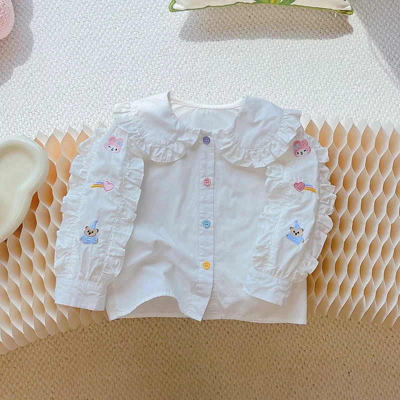

Girls' Autumn New Cotton Shirt Stylish Versatile Embroidered Bear Top Spring Autumn Trendy