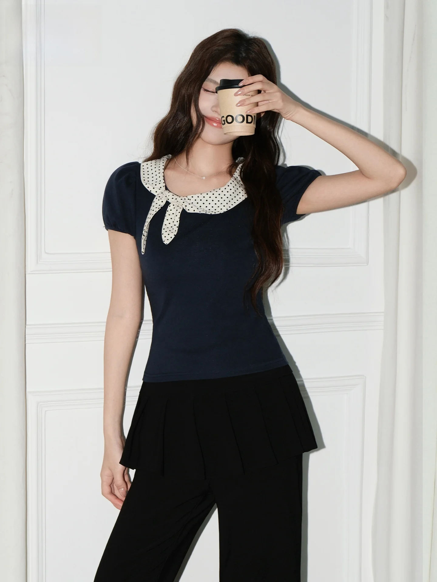 Korean Style College Fashion  Knot Short Sleeve T-Shirt Women's New 2026 Summer Lace Collar Dark Blue Top Trendy
