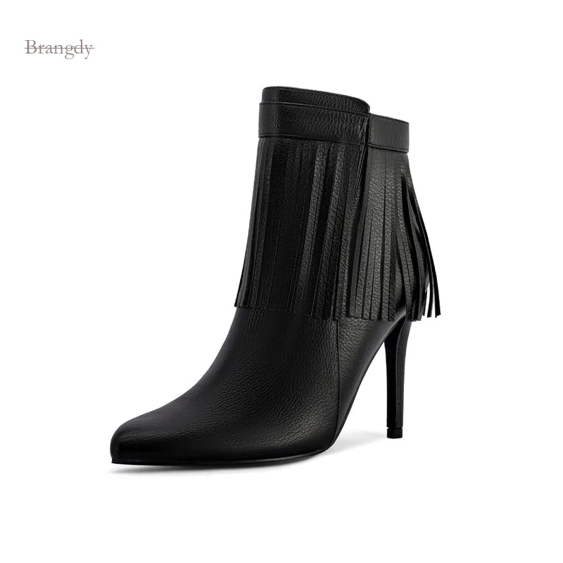 Outdoor New Style Pointed Toe Fine Black High Heels and Ankle Short Tassel Boots Women Exquisite Atmosphere Chic Concise