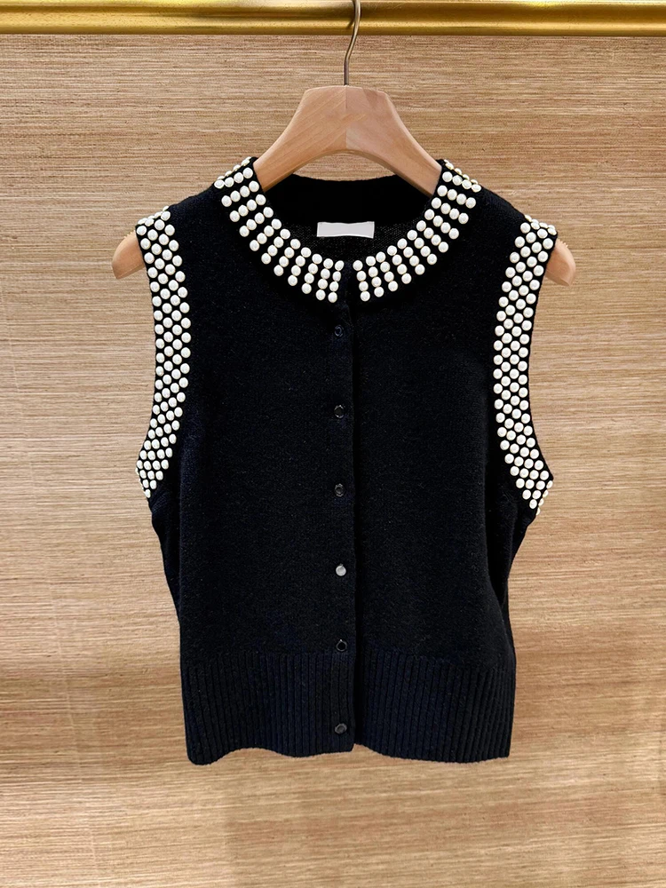 

Женский вязаный жилет-кардиган S Home South Oil класса люкс с жемчужной отделкой, простой, для повседневной носки, без рукавов