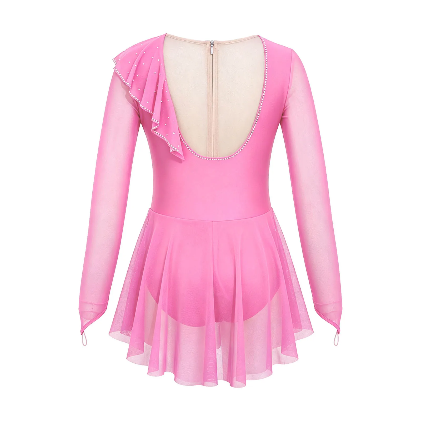 Girls Shiny Rhinestone Figure Skating Dress Kids Ballet Dance Costume Gymnastics Leotard Mesh Patchwork Dress with Finger Holes