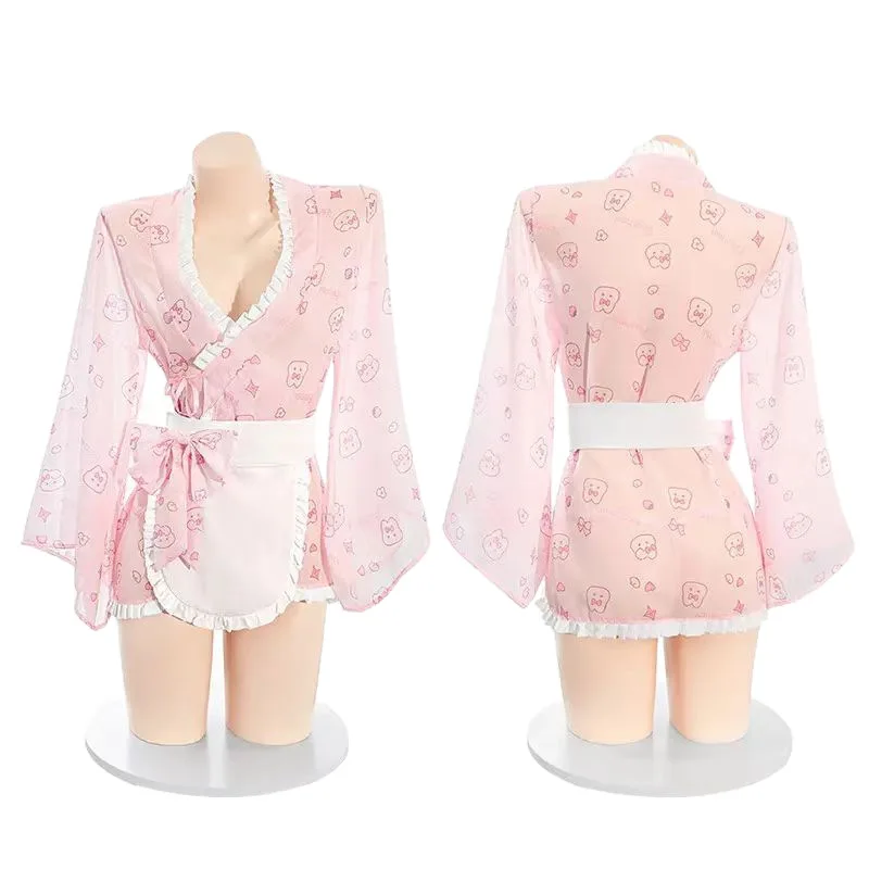 

NEW Cute Rabbit Printed Kimono Uniform Cosplay Costume Sexy Women Underwear Japanese Girl Role Play Outfits Lingerie Nightwear