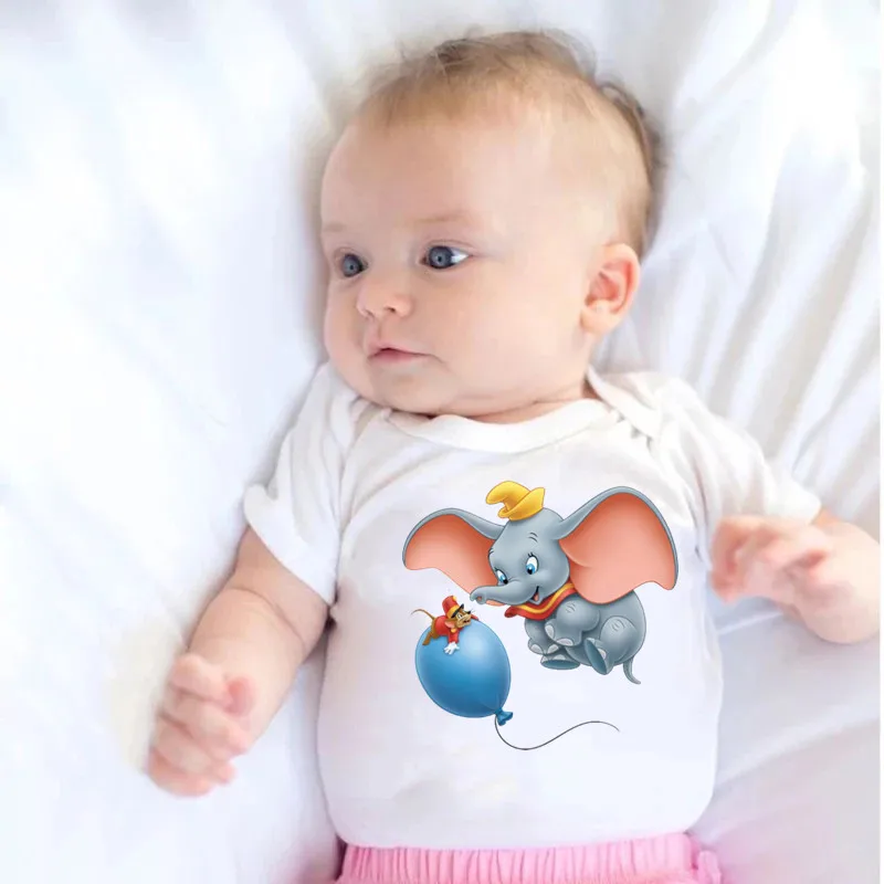 Lovely Dumbo Cartoon Elephant Baby Bodysuit White Cotton Newborn Short Sleeve Boys Rompers Girl Jumpsuit Infant Playsuit