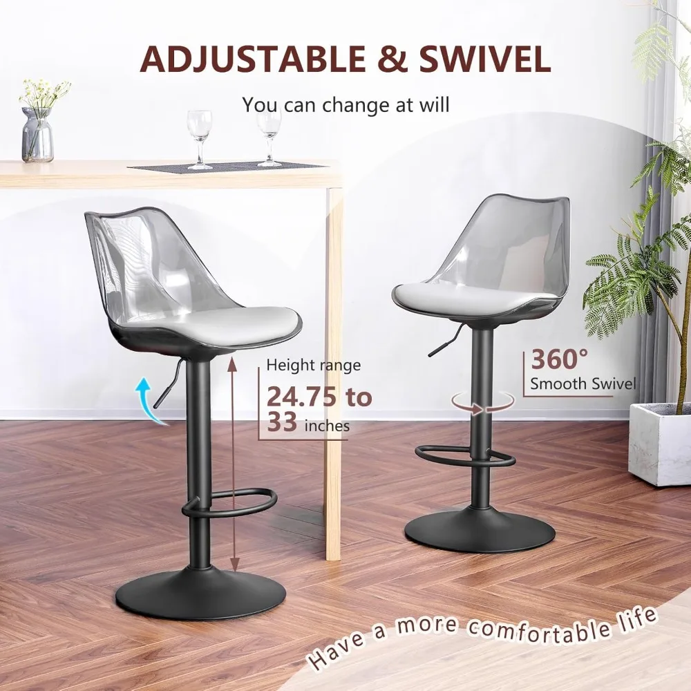 مجموعة مقاعد بار دوارة حديثة مكونة من 2، مقاعد منجدة من الجلد الصناعي مع مسند ظهر من الأكريليك الشفاف، شريط قابل للتعديل