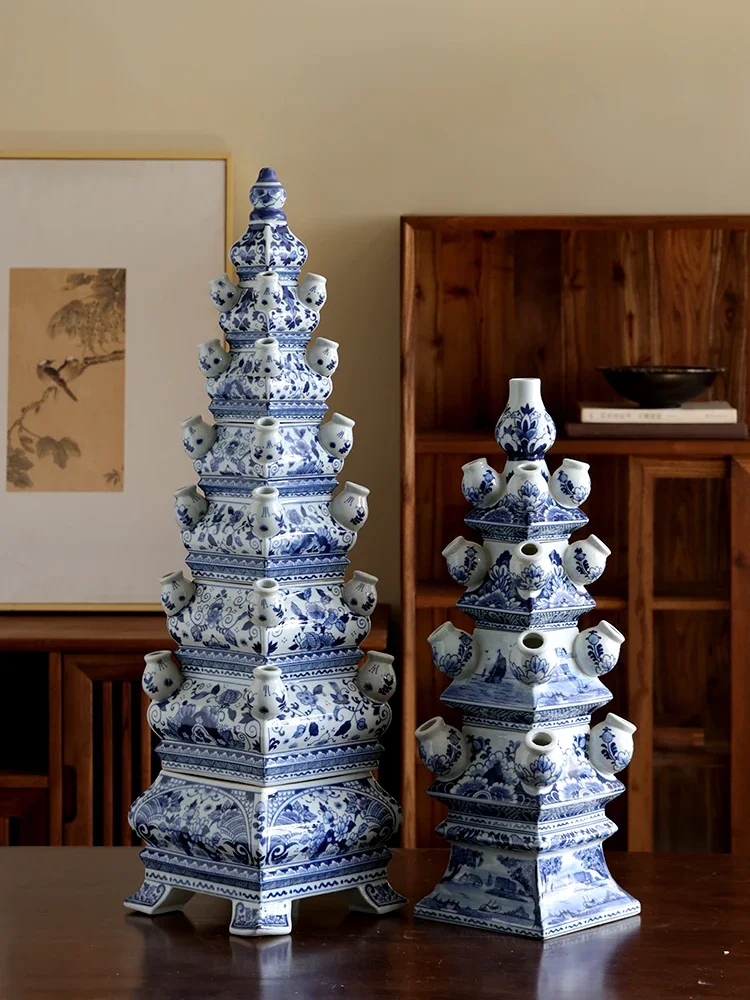 Chinese style blue and white porcelain pagoda flower ware villa model room living room entrance decoration ornaments