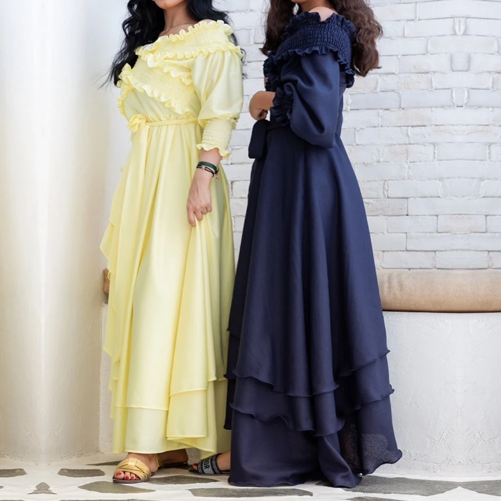 CustomizedV Neck Full Long Sleeve Ruched Belt A Line Yellow Formal Occasion Evening Gowns Robes De Soirée Vestido  Gala