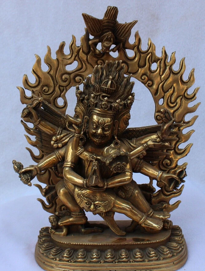 

8inch Old Tibet Buddhism Bronze Gilt 3 Head 6 Arms Mahakala Yab-Yum Buddha Statue