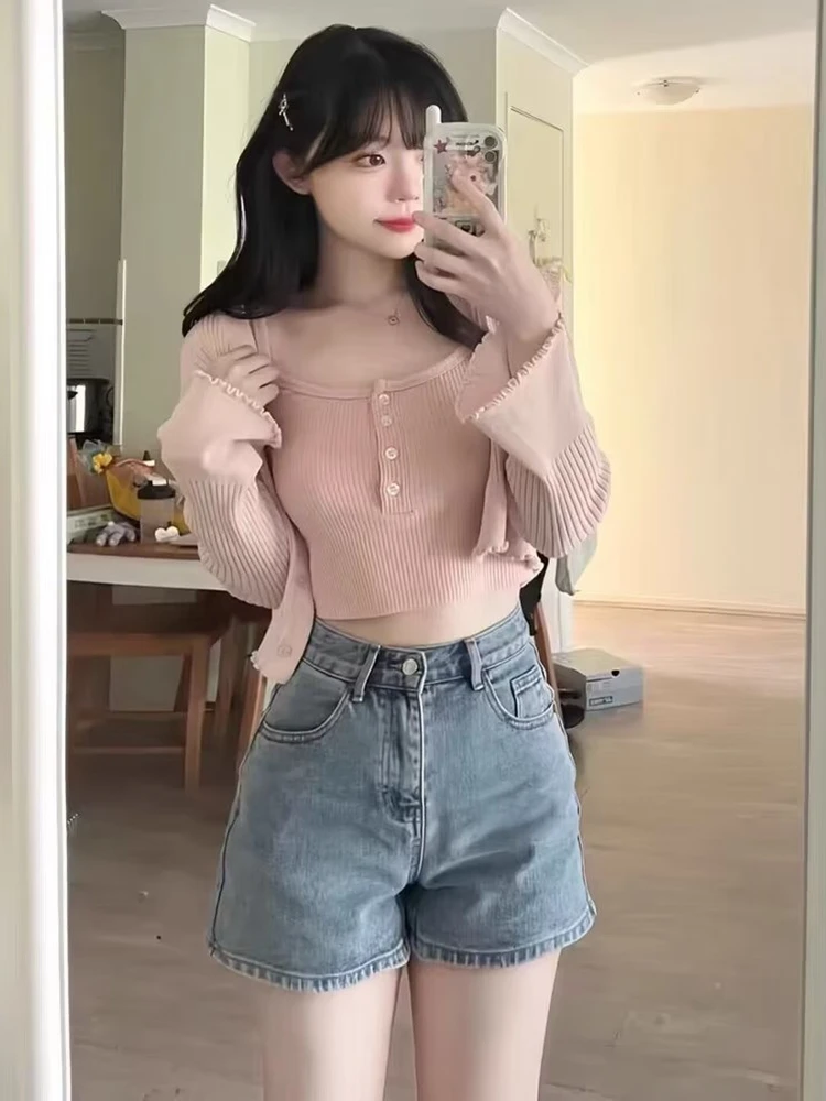 Elegant Women Pink V-Neck Knit Cardigan 2023 Autumn Sweet Ladies Solid Single Breasted Sweaters Female Chic Long Sleeve Tops