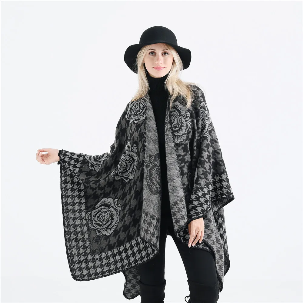 

2022 Autumn Winter New Hot Selling Fashion Gold Flower Pattern Travel Imitation Cashmere Women Shawl Poncho Capes Gray