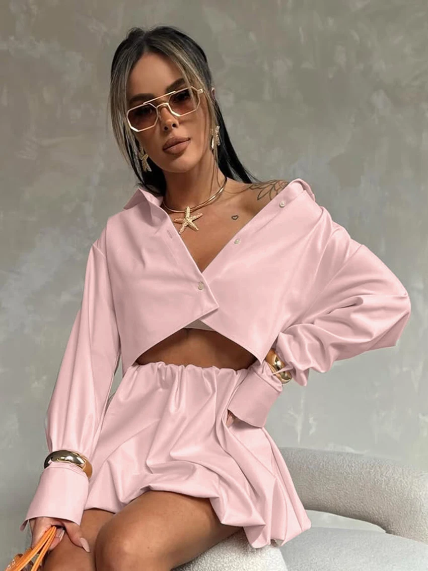 Marthaqiqi Casual Women Sleepwear Set Long Sleeve Pajama Crop Top Nightwear Turn-Down Collar Nightie Skirt Ladies Nightgown Suit