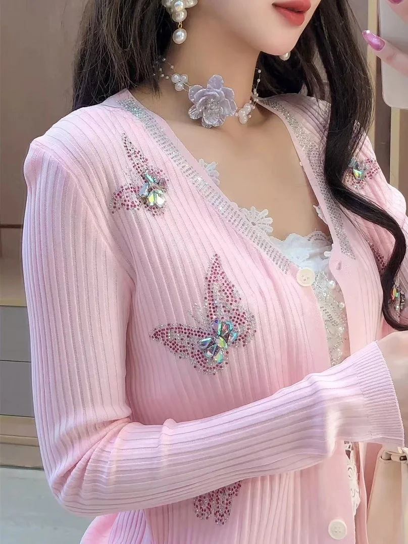 

High-end Spring 2025 Diamonds Stitch Hot Drilling Knitted Cardigan Women's V-Neck Slim Fit Long Sleeve Thin Pink Sweater Coat
