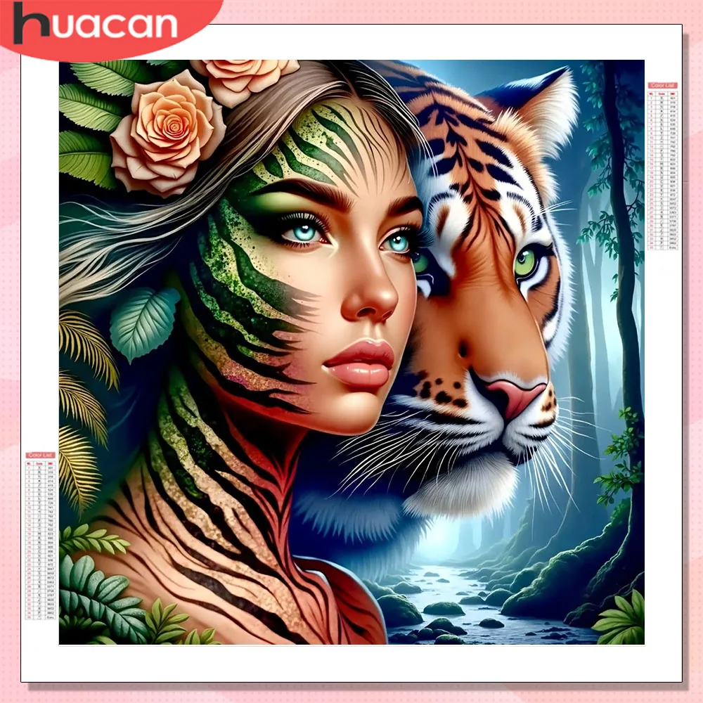 HUACAN 5D DIY Diamantmalerei Frau Tiger Porträt Wald Diamantkunst Quadratisch Heimdekoration Strass Personalisierte Geschenke