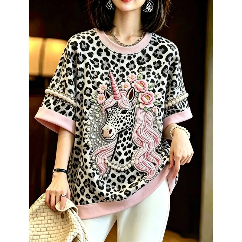 Fashion Women's T-shirts Blouse 2026 New Summer Nail Bead Leopard Print T-shirt Short Sleeve Retro Round Neck Top