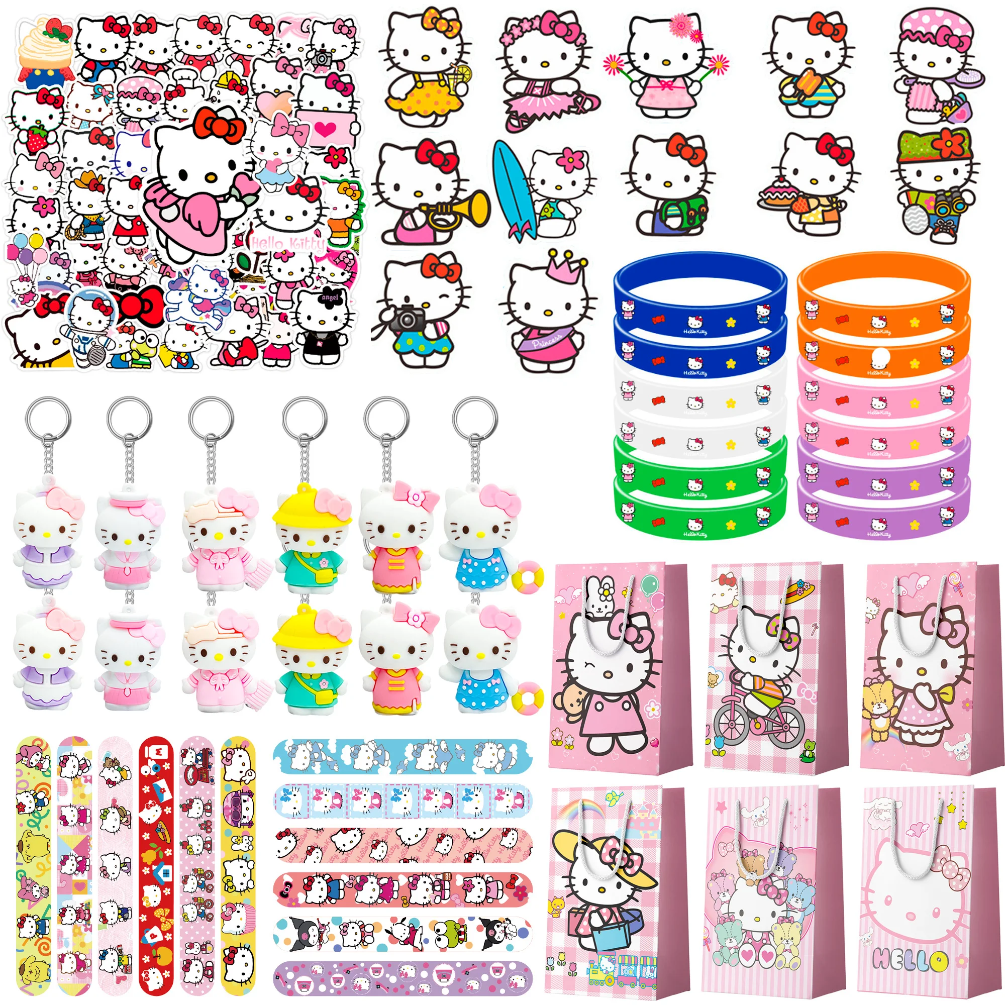 Cadeaux de fête Hello Kitty, 110 pièces, cadeaux de fête d'anniversaire Hello Kitty-Bracelet autocollant pour sac à cadeaux Hello Kitty, etc.