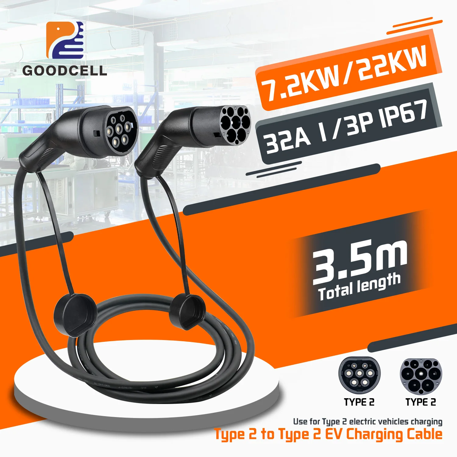 GOODCELL EV Charging Cable Type2 to Type2 Female to Male Plug 32A 1P/3P 3.5M Electric Vehicle Cord for Public Charger Station