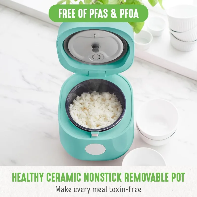 4-Cup Digital Rice Cooker, PFAS & PFOA-Free Removable Ceramic Dishwasher Safe Pot, urquoise