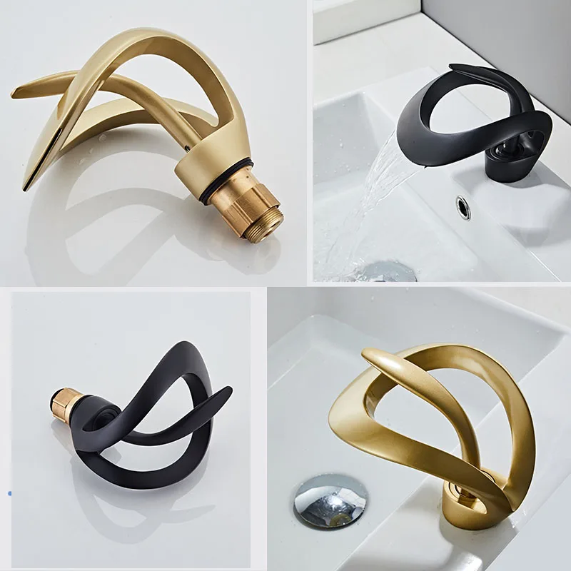 Black Bathroom Basin Taps Single Handle Waterfall Faucet Solid Brass Basin Mixer Taps Creative Hollowed Out Design Water Tap