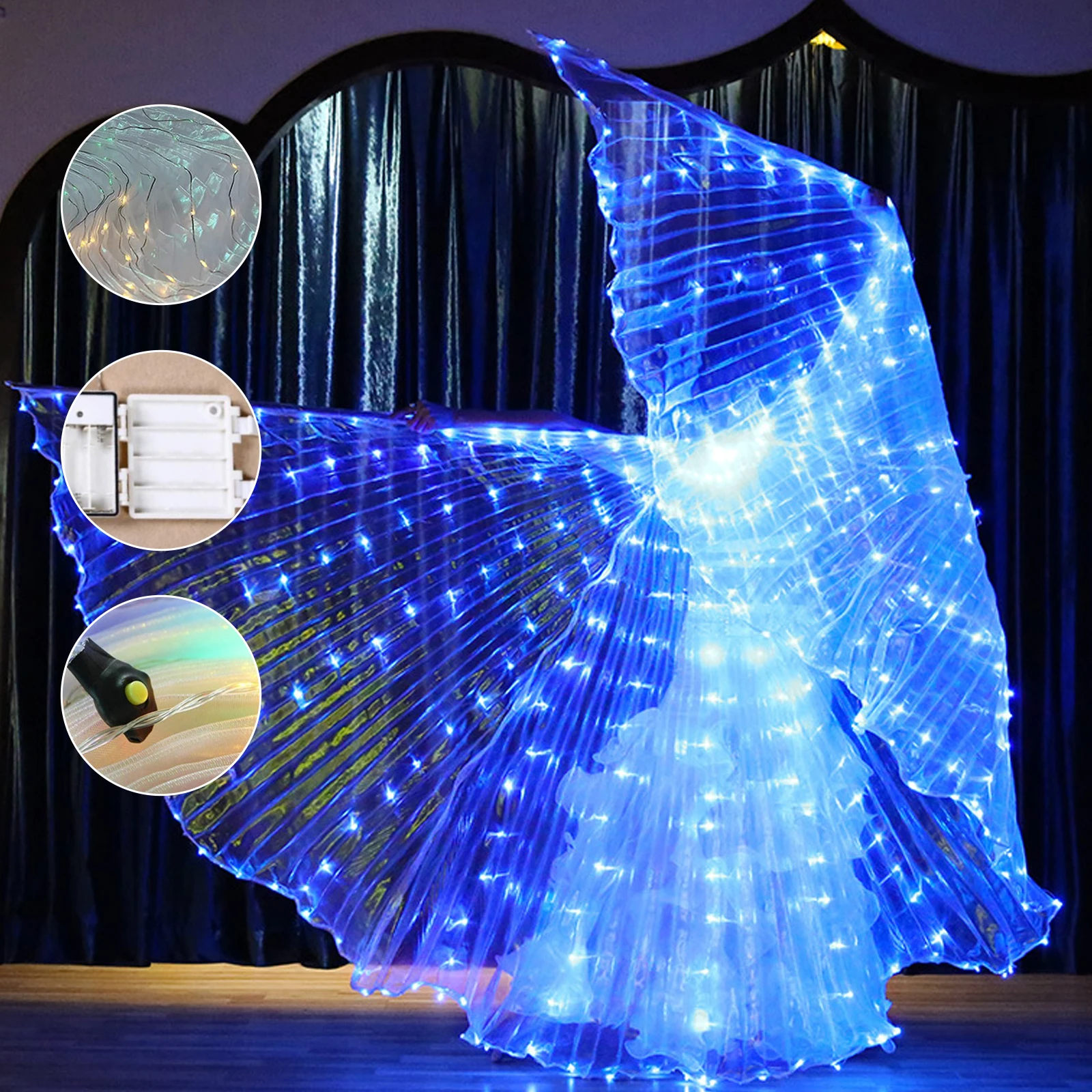 Yellow LED Isis Wing with Telescopic Stick Belly Dance Butterfly Wings Glowing Light Up Costume for Halloween Christmas Party