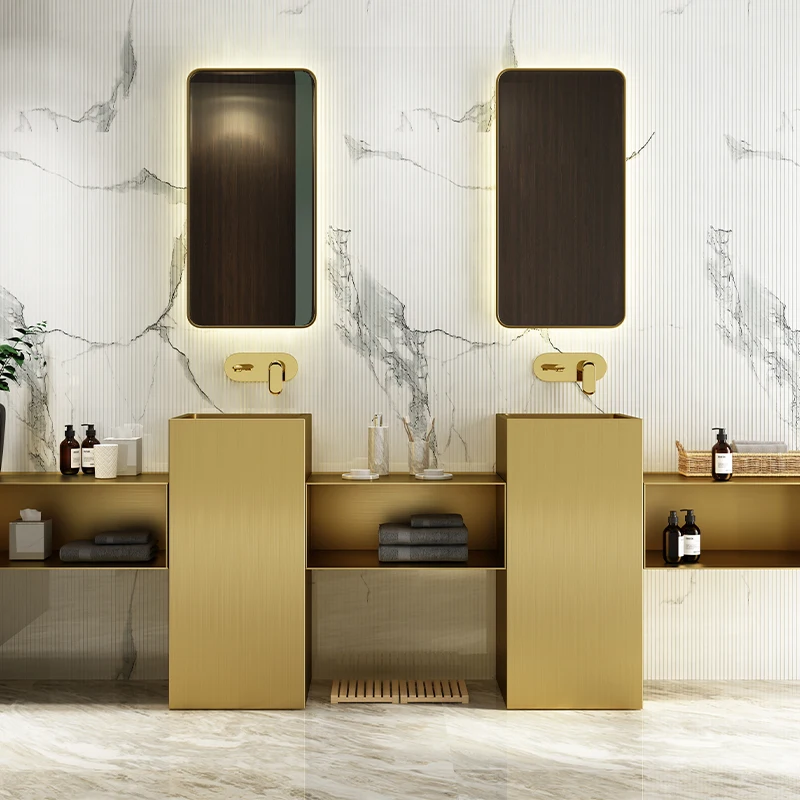 Square golden stainless steel pillar washbasin hotel light luxury column washbasin floor type