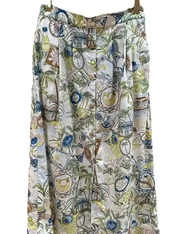 

Spring/Summer Women Tropical Botanical Print Front Slit Maxi Skirt High Waist A-Line Casual Vacation Pleated Long Skirt