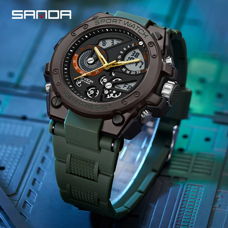 Sanda ساعة رجالي ساعة كهربائية متعددة الوظائف موضة الاتجاه في الهواء الطلق مضيئة ساعة تنبيه مقاوم للماء للصدمات ساعة رجالية 9020