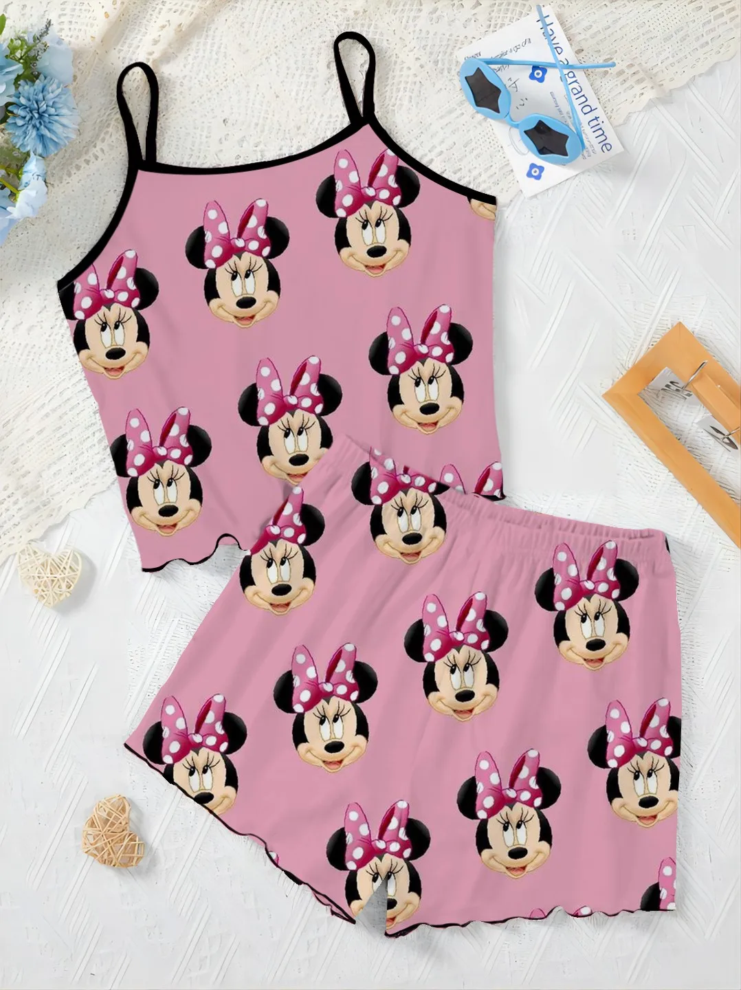 

Top Mickey Slip Dress Minnie Mouse Disney Lettuce Trim Elegant Women's Sets for Women 2 Pieces T-shirt Pajama Skirt Short Suit
