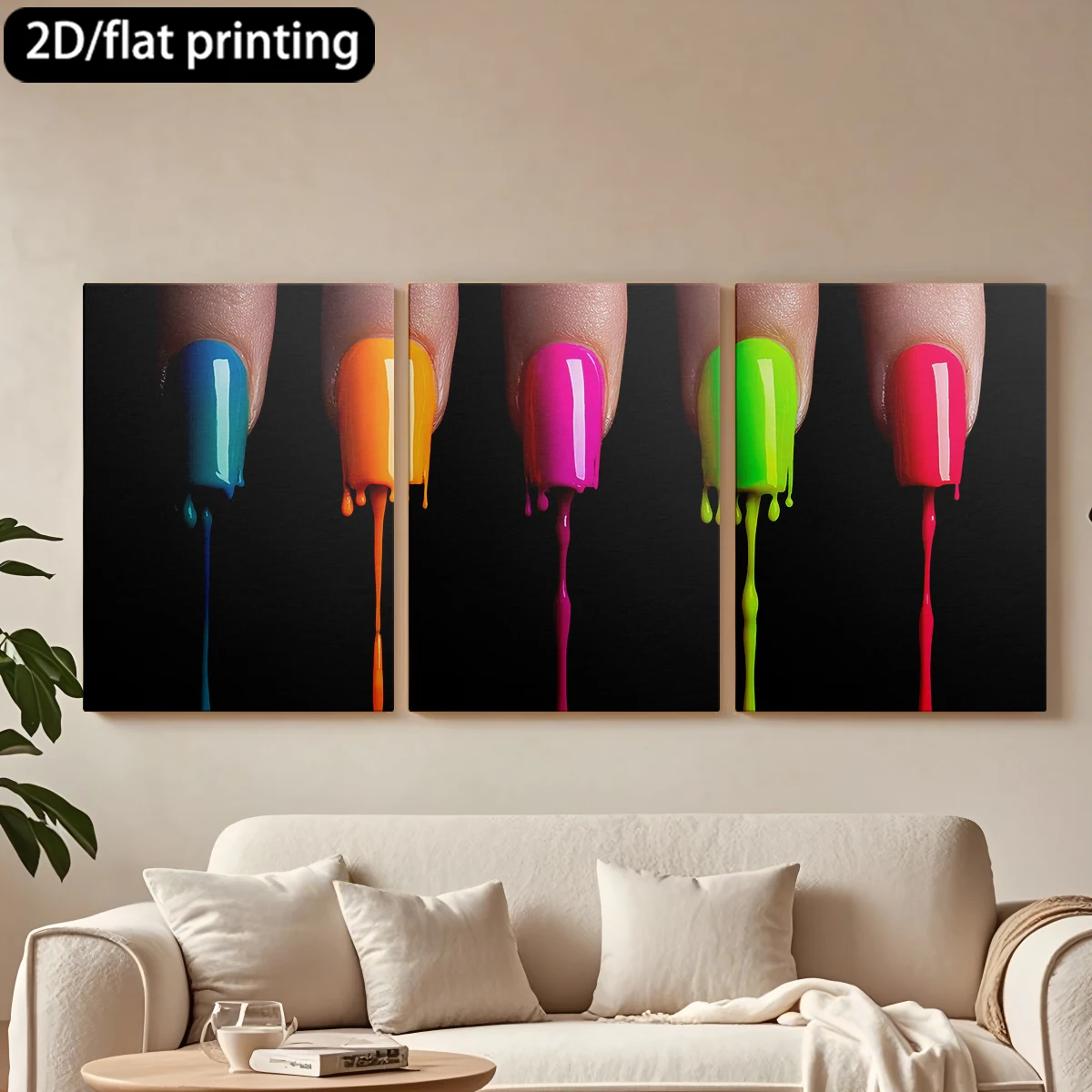 

2D плоская печать, 3-х частная декоративная картина на холсте в деревянной раме, с изображением капающих неоновых лаков для ногтей. Декор для коридора и спальни.