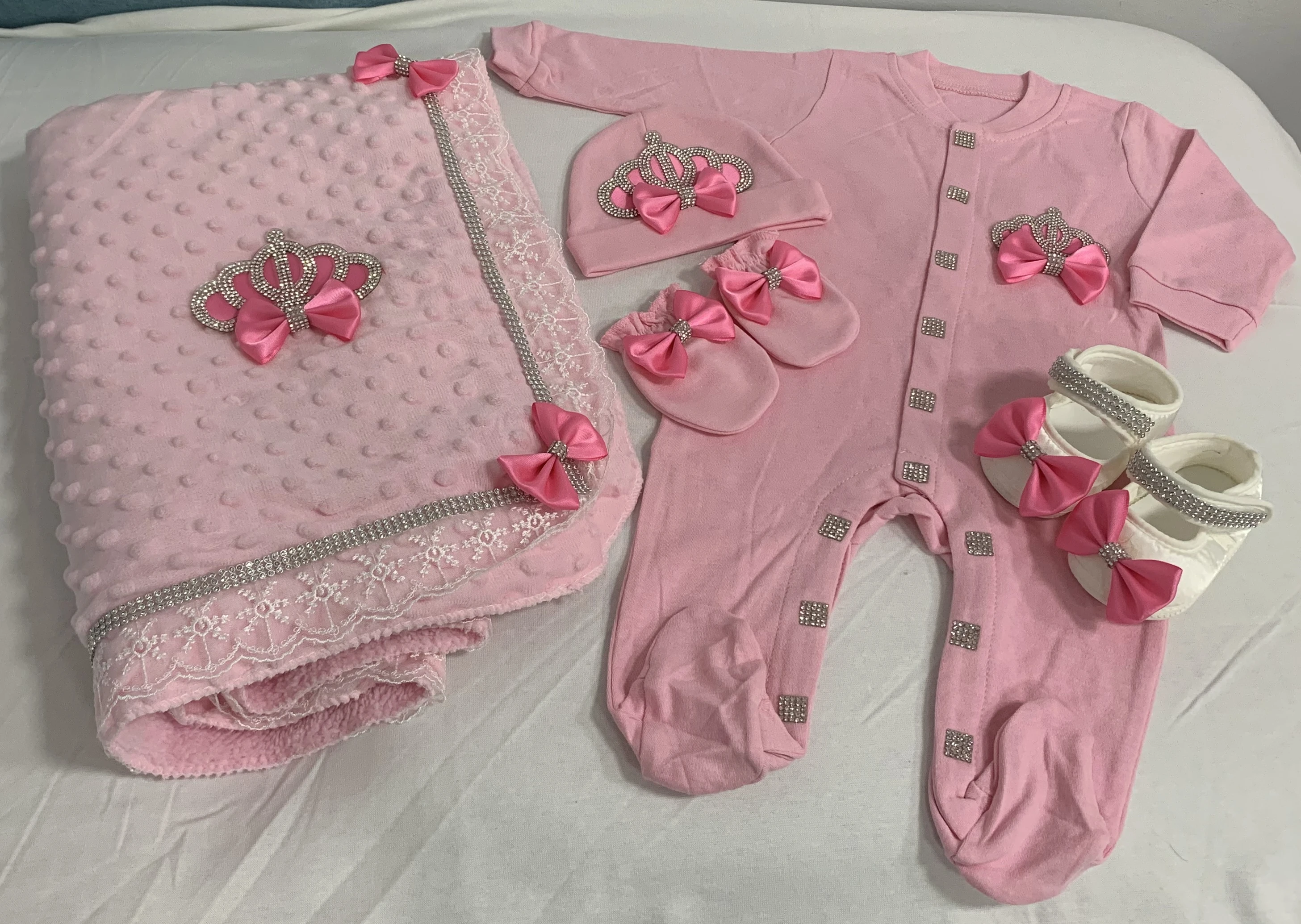 Baby Girl Newborn Jewels Crown Pink Take Me Home Layette 5 Piece Handmade Precious Nursery Hospital Receiving Blanket Romper Set