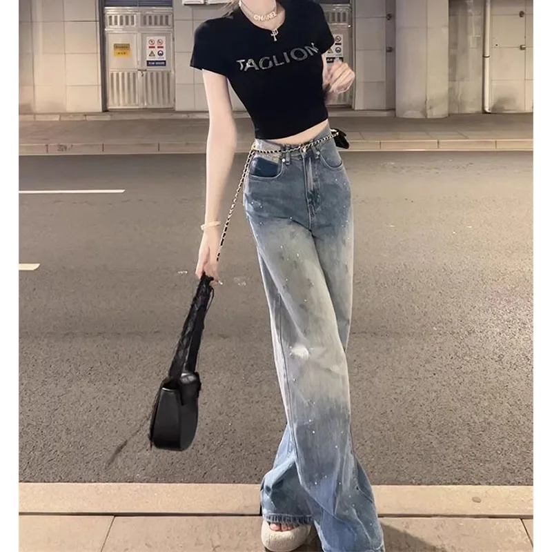 2025 Dames Hoge Taille Wijde Pijpen Jeans Lente Herfst Femme Losse Rechte Denim Pantalons Amerikaanse Vrouwen Gradiënt Cowboybroek