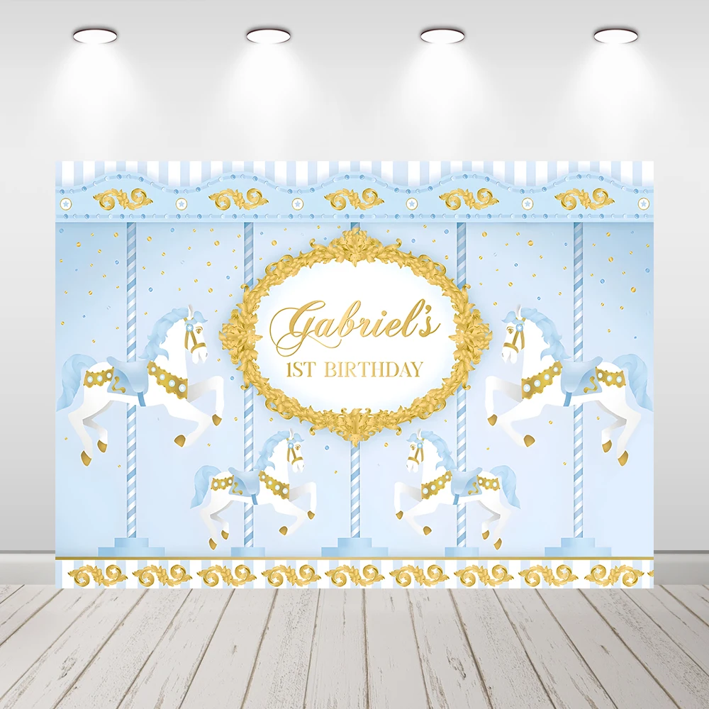 Customize Gold Blue Carousel Baby Shower Photography Background Circus Boy Birthday Party Decoration Background for Photo Studio