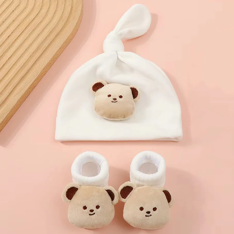 

Детские аксессуары, тюрбан для новорожденных, шапка, вязаные носки, комплект, милый мультяшный медведь, повязки на голову для маленьких девочек и мальчиков, детские шапочки, шапки