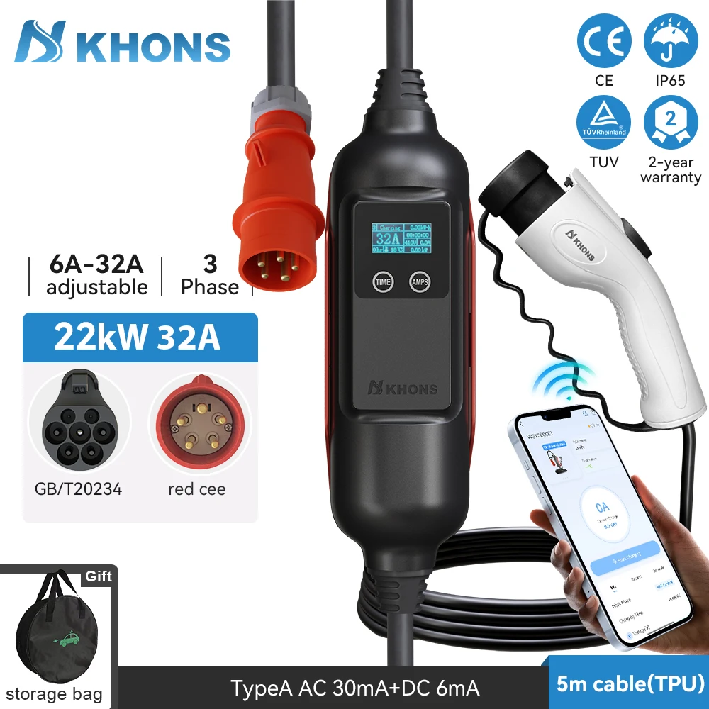

Портативное зарядное устройство для электромобилей Khons GBT 32A, 3 фазы, 22 кВт, зарядное устройство для электромобиля EVSE с приложением bluthee