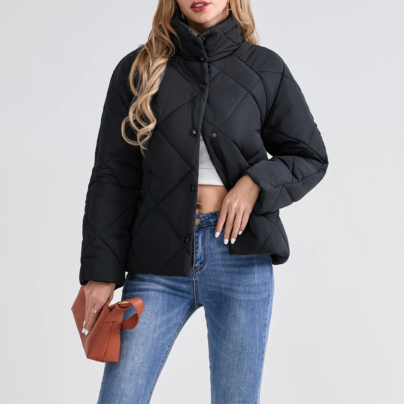 Women's Winter Puffer Coats Solid Color Long Sleeve Stand Collar Button down Quilted Jackets Warm Parkas