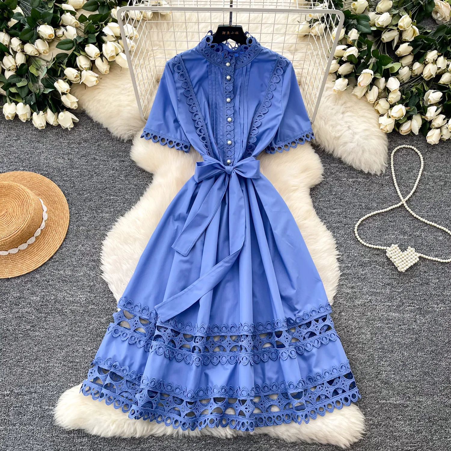 

Dress Women Mid Length Dresses A Line Vestidos Y2k Streetwear Stand Collar Short Sleeve Elegant Party Night Lace High Waist