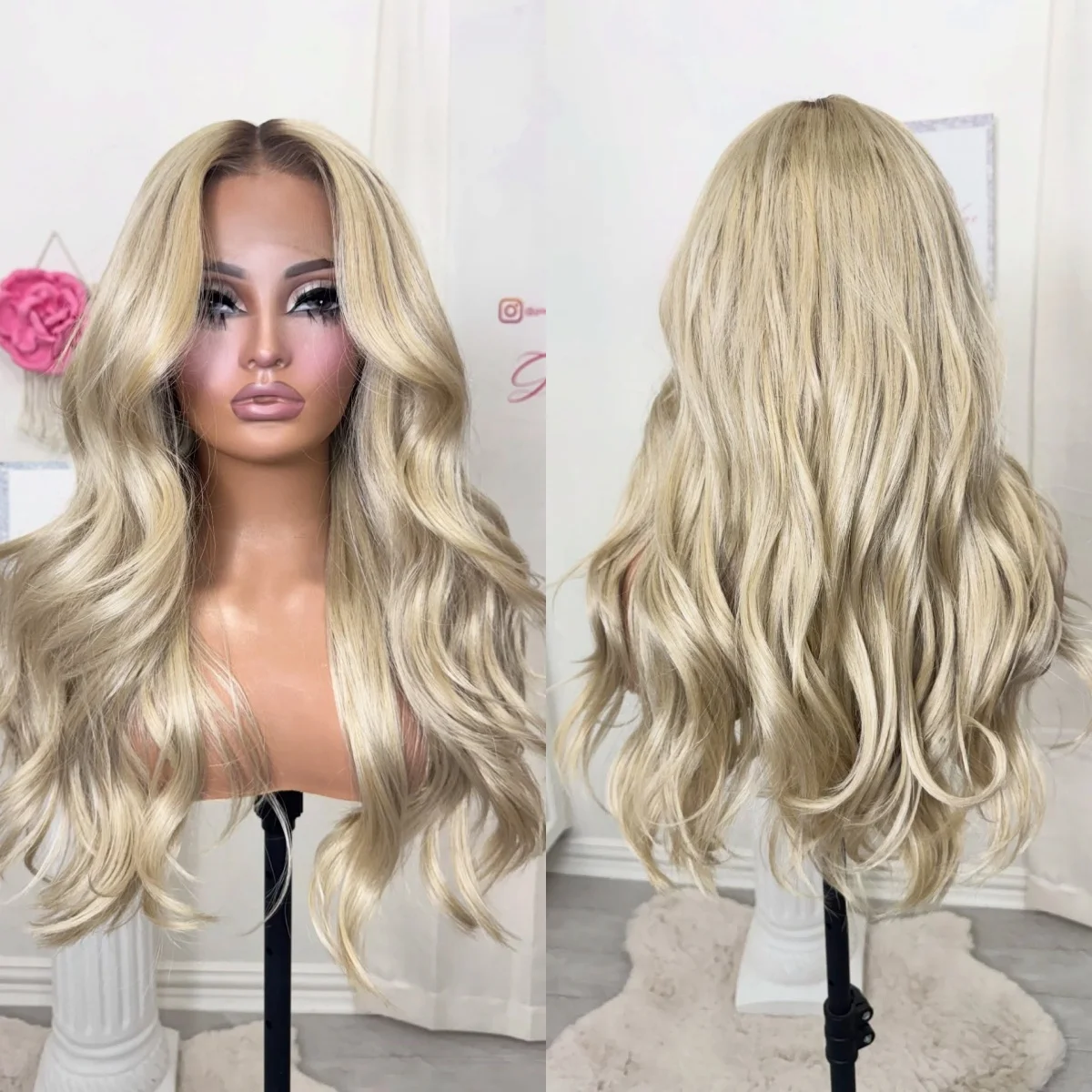 24 Inches Ombre Ash Blonde Synthetic Lace Top Wigs Long Length Loose Wave Realistic Look Glueless Wigs Daily Party Cosplay Wigs