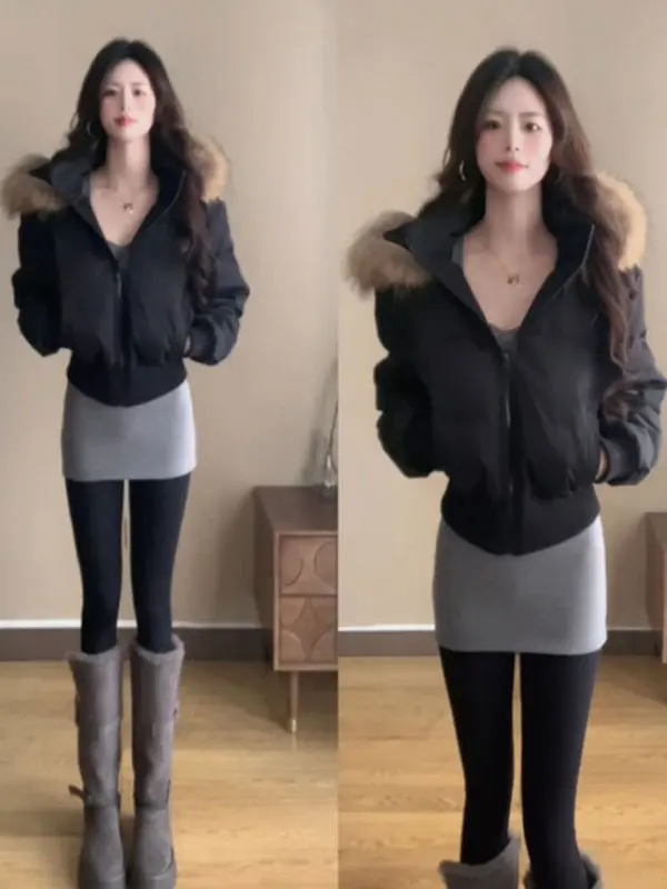 

Корейская модная уникальная милая зимняя женская куртка с капюшоном из хлопка, приталенная, с длинными рукавами, на молнии, для повседневной носки