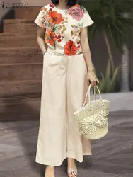 Elegant Women Tracksuits 2PCS Summer Matching Sets Pant Sets Short Sleeve Floral Blouse Trousers Suit ZANZEA Fashion Work Suit