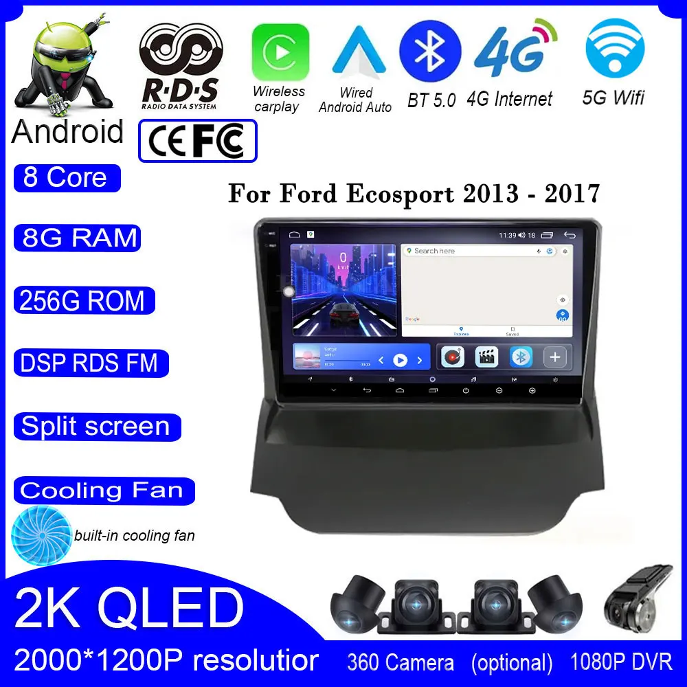 9 Inch For Ford Ecosport 2013 2014 2015 2016 2017 Android 14 Car Radio Multimedia QLED Navi GPS IPS Stereo Auto 4G+Wifi BT