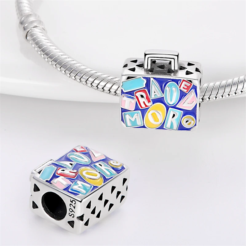 2024 Hot Sale Exquisite Blue Travel Sticker Suitcase Charm Bead Fit Pandach Bracelet For Women Silver Pendant Beads Jewelry Gift