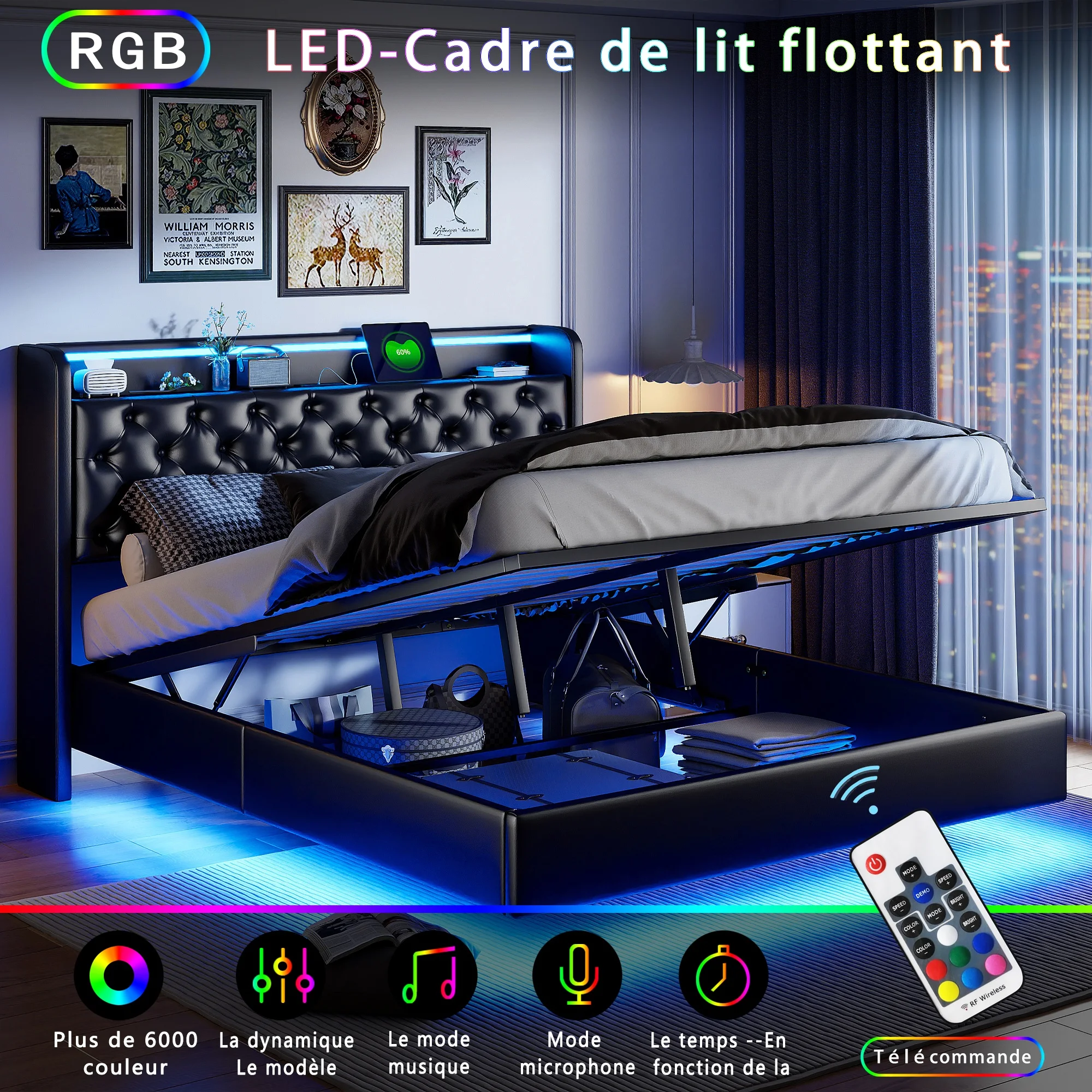Rosahqnda Polsterbett, Doppelbett mit USB-Ladefunktion, LED-Beleuchtung, Kopfteil mit Stauraum, versteckte Bettfüße, Leder-Finish – Detail 3