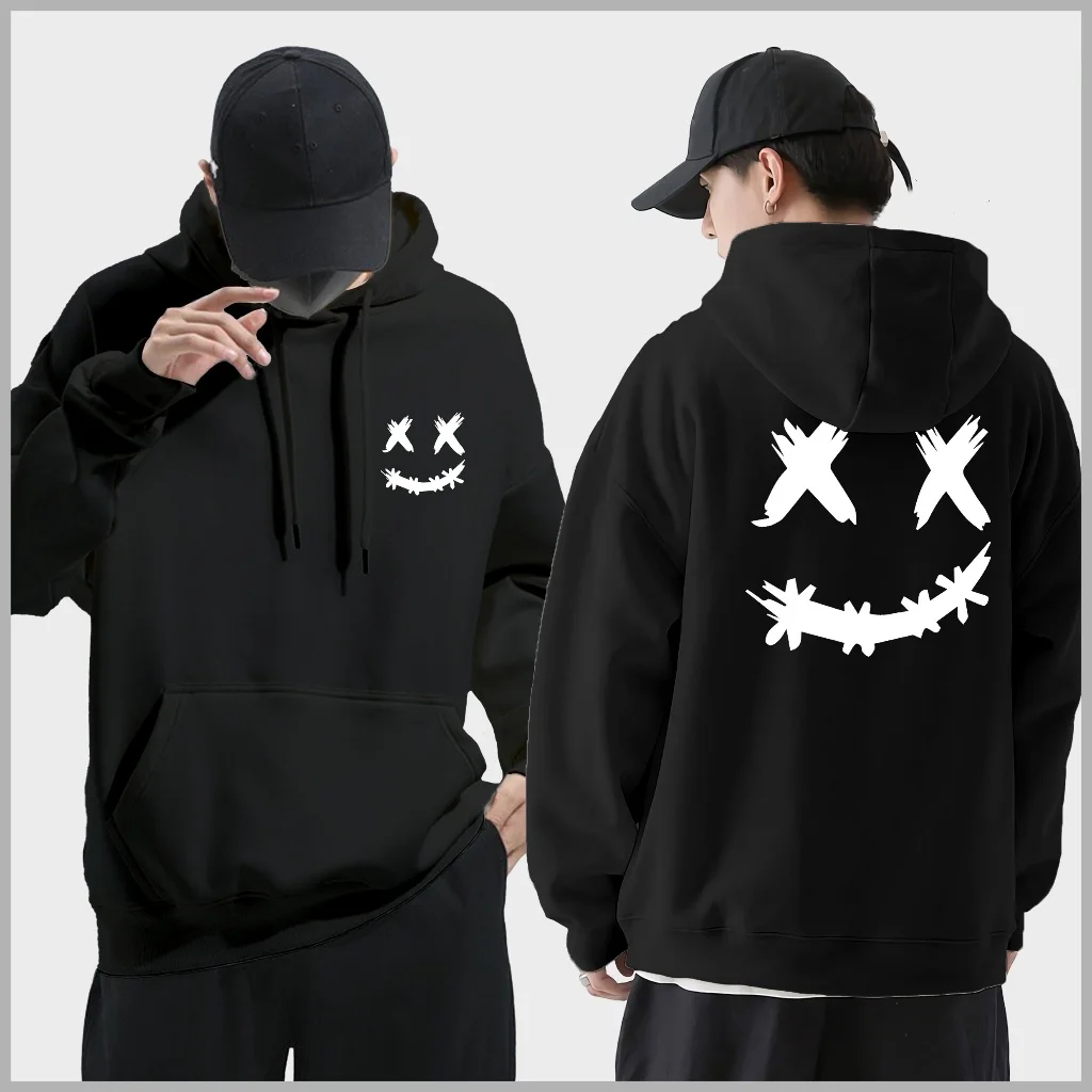 Spring Autumn Wool Men\'s Hoodie Double Smiley Printed Sweatshirt Street Clothing Rapper Loose Women Pullover Casual Hooded Top